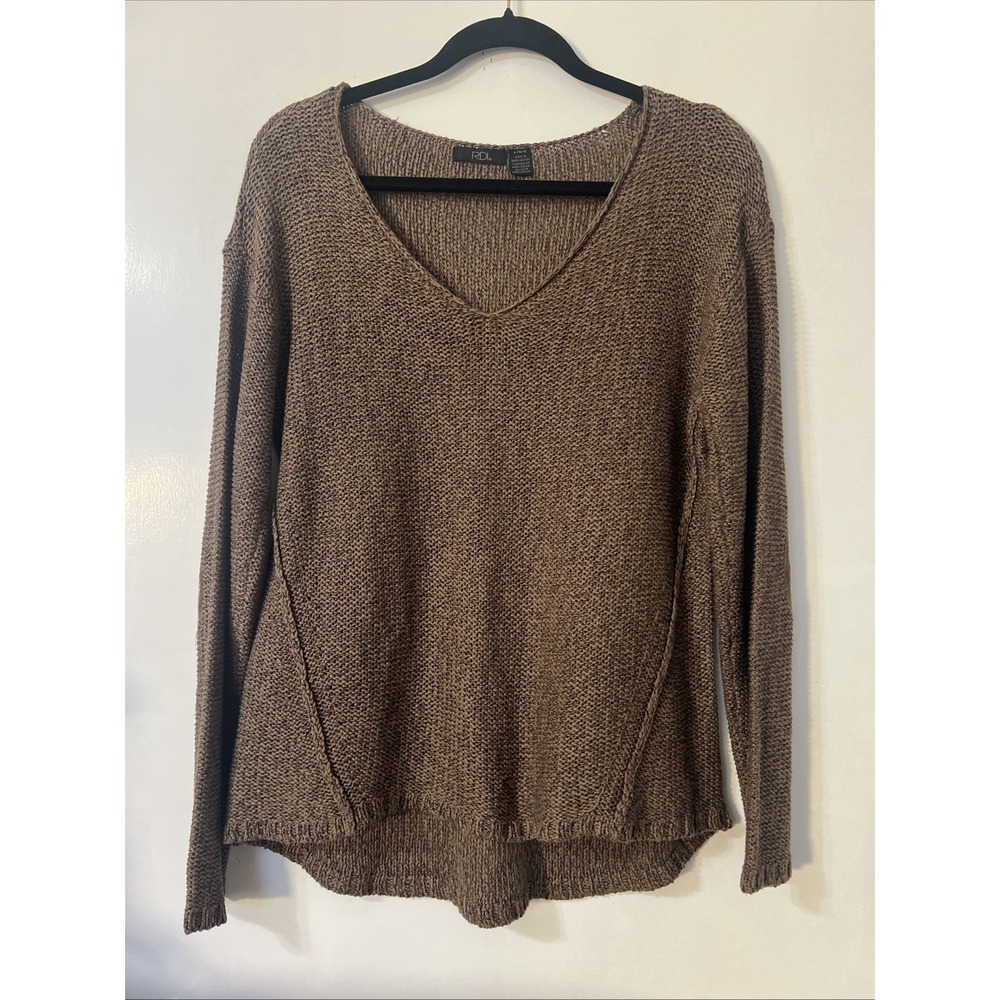 RDI Women's Brown‎ Open Knit Pullover Sweater Sz L High Low Elbow Patch Y2K Boho